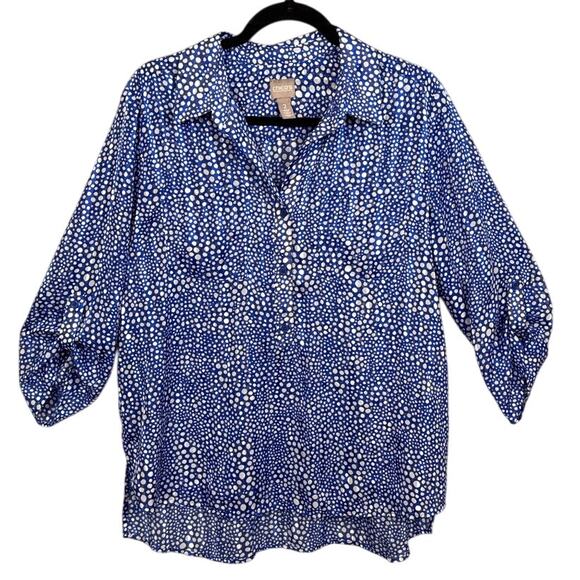 Chico's Womens Pullover Blouse Blue Abstract Dots Satin Feel Size 2 (L) Office - Picture 1 of 9